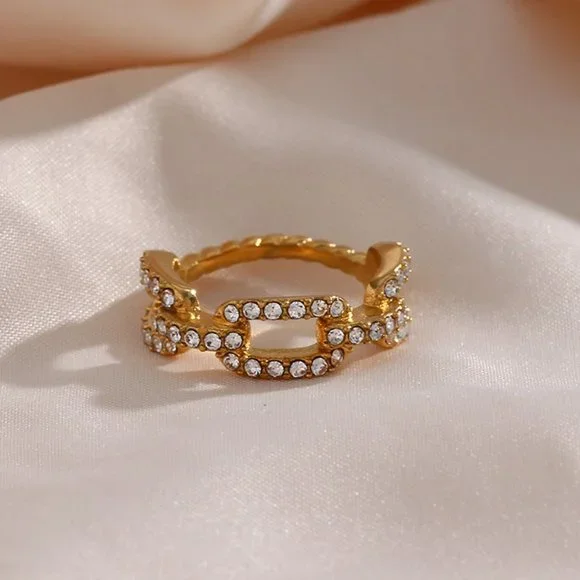 Chain Link Zircon‎ 18K Gold Plated Stainless Steel Ring Size 8 - Picture 3 of 12